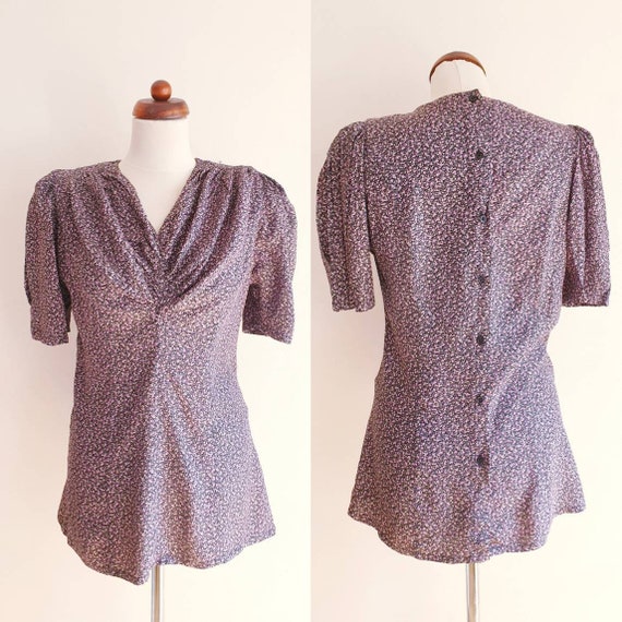 Vintage Blouse - Black Floral Blouse - 1980's Dits