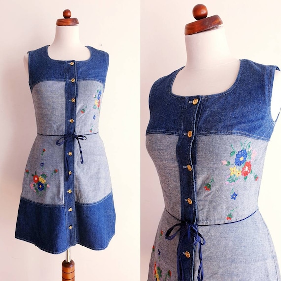Vintage Denim Dress - 1970's Embroidered Cotton Dr