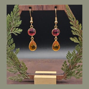 Puede incluir: Pendientes dorados con una gema roja redonda y una gema amarilla en forma de lágrima. Los pendientes se exhiben en un soporte de madera con detalles de helechos, sobre un fondo oscuro. Una hermosa pieza de joyería.