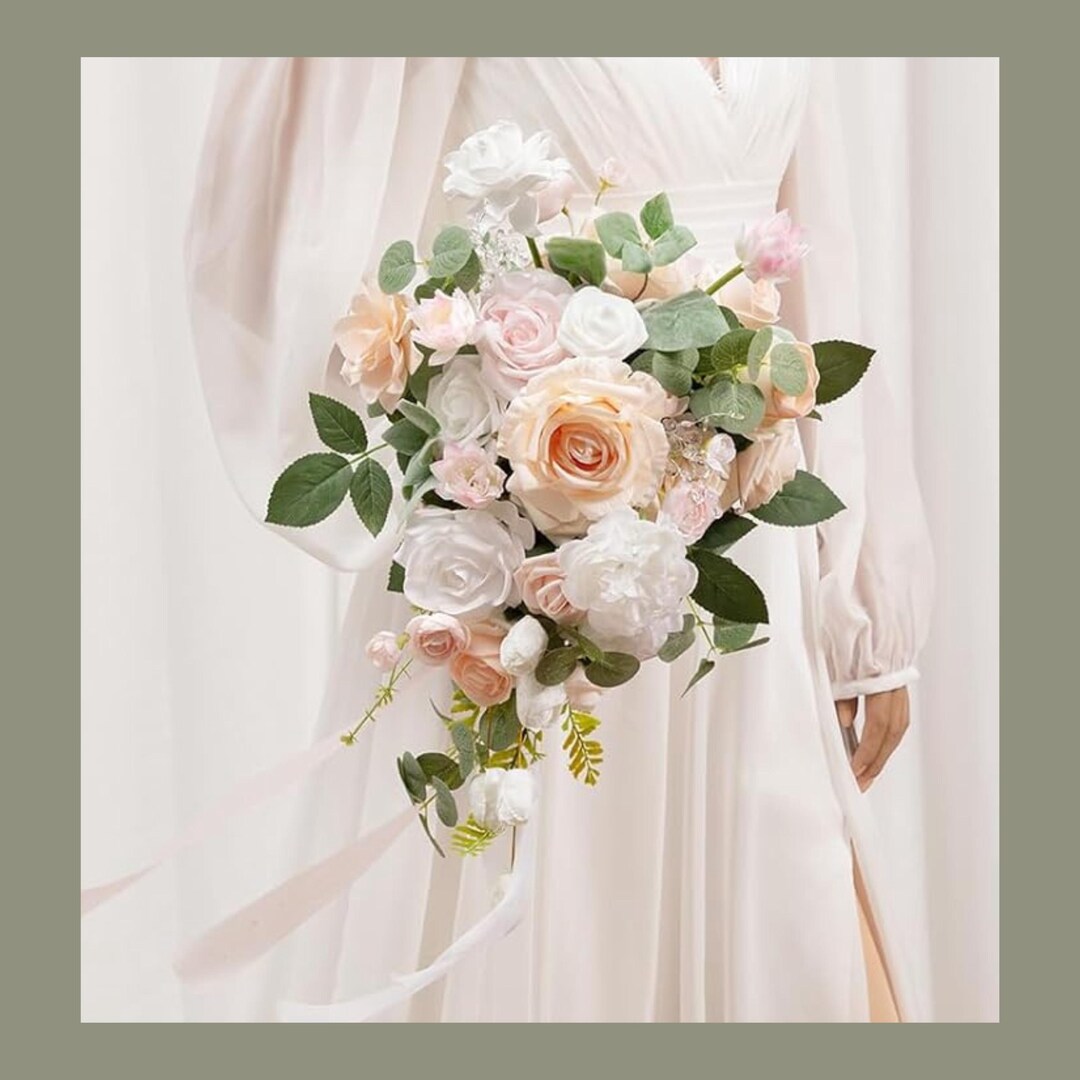 Bridal Bouquet – Blush Pink & Peach Cascade | Rose Teardrop Bouquet ...