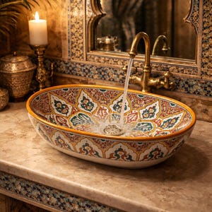 May include: An oval ceramic sink with a colourful floral pattern in red, green, and yellow. The sink has a gold rim and is set on a marble countertop. A gold tap pours water into the sink.