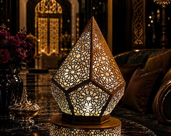 Lanterna marroquina de latão – Candeeiro de mesa geométrico islâmico, iluminação ambiente artesanal