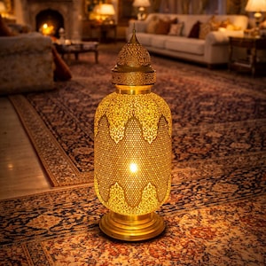 Moroccan Handmade Engraved Brass Lamp – Traditional Artisan Lantern, Vintage Boho Moroccan Lighting Decor