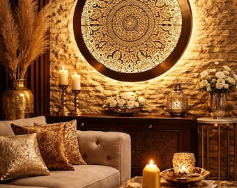 手作りのモロッコ風真鍮製ウォールライト – 丸型オリエンタルブラケット、高級照明装飾