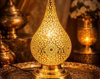 Moroccan Brass Table Lamp – Handmade Perforated Metal Lantern, 30cm