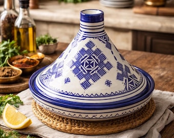 Handmade Moroccan Ceramic Tagine – Blue & White Traditional Cooking Tagine, Artisan Pottery Kitchen Decor