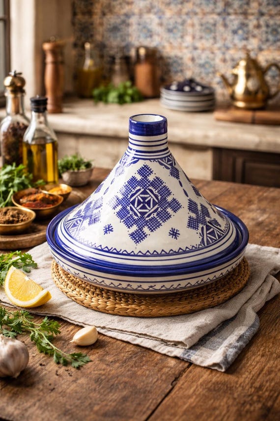 Handmade Moroccan Ceramic Tagine – Blue & White Traditional Cooking Tagine, Artisan Pottery Kitchen Decor