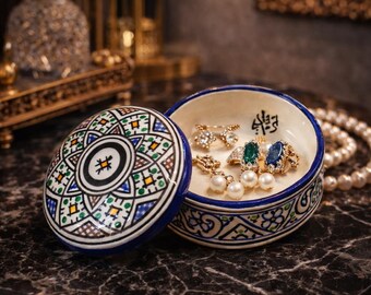 Moroccan Ceramic Jewelry Box – Small Handmade Pottery Jar for Sweets & Decor