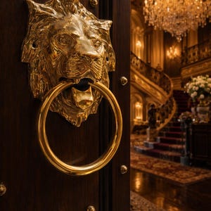 May include: A gold lion head door knocker with a large circular handle, mounted on a dark brown wooden door. The door is adorned with small, gold decorative studs. The background reveals a grand interior with a chandelier and a sweeping staircase.