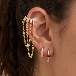 18K Gold Filled CZ Earrings Set,Chain Drop Stud Earrings,CZ Huggie Hoop Earrings,Ruby Rectangle Earrings,Gift For Her