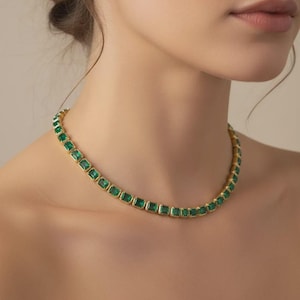 Collar de tenis con esmeralda en oro amarillo – Collar con esmeralda en oro macizo de 14 quilates – Joyería fina minimalista – Collar con gema verde como regalo