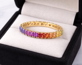 14k Gold Multi Sapphire Eternity Band, Rainbow Gemstone Ring