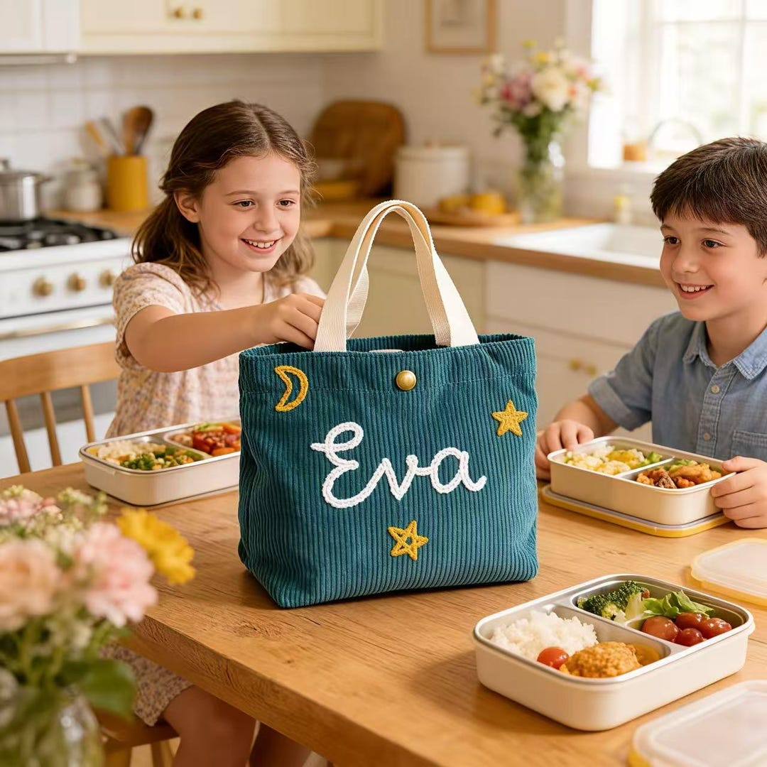 Custom Monogrammed Kids Lunch Tote Bag, Insulated Corduroy Lunch Bag ...
