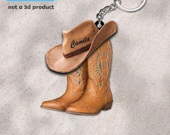Llavero personalizado con botas y sombrero de vaquero, llavero acrílico 2D, regalo personalizado de vaquera y vaquera, regalo para amantes de los caballos