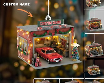 Personalized Garage Christmas Ornament – Custom Name Holiday Decor, Red Classic Car Ornament, Mechanic Gift, Car Lover Xmas Gift