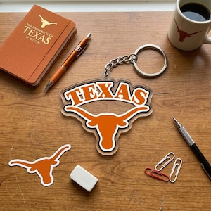 University of Texas Longhorns College Spirit Keychain, Burnt Orange and White 2D Flat Acrylic Keyring, University Fan Bevo Student Gift