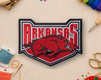 Parche bordado termoadhesivo estilo Arkansas State – Parche estilo universitario vintage Razorback Hog para chaqueta, sombrero o mochila