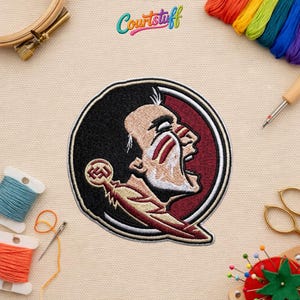 May include: Embroidered patch featuring a Seminole head design in maroon, black, and gold. The patch has a circular shape with the letters "FSU" visible. The background includes spools of thread, a needle, and the text "Courtstuff".
