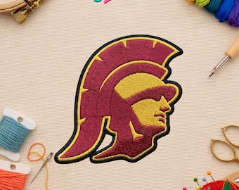 Parche bordado termoadhesivo estilo USC Trojans de California – Parche vintage con el logo del casco de los Trojans estilo universitario para chaqueta, sombrero o mochila.