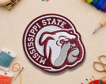 Parche bordado termoadhesivo estilo Mississippi State – Parche estilo universitario con el logotipo vintage del Bulldog para chaqueta, sombrero o mochila.