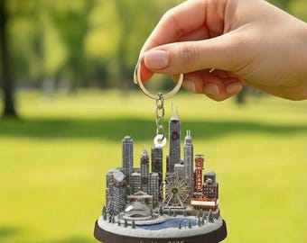 Llavero acrílico personalizado con el horizonte de Chicago, con nombre y año personalizados, diseño plano de ciudad en 2D, ideal como regalo de viaje a Chicago.