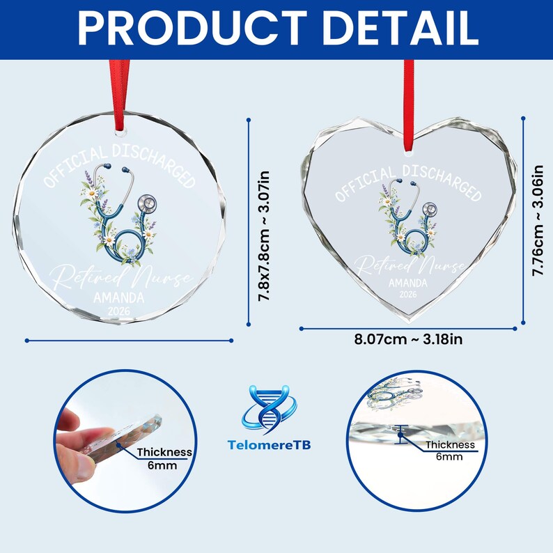 May include: Two clear acrylic ornaments, one circular and one heart-shaped, featuring a stethoscope and floral graphic with the text "OFFICIAL DISCHARGED Retired Nurse AMANDA 2026". Each ornament is 3.07 inches tall, 6mm thick, with a red ribbon.