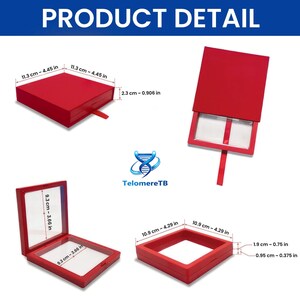 May include: A red square display box with a clear window and a pull tab. The box measures 4.45 inches by 4.45 inches by 0.906 inches. The interior display area is 3.66 inches by 3.66 inches. The frame depth is 0.75 inches with a 0.375 inch base.