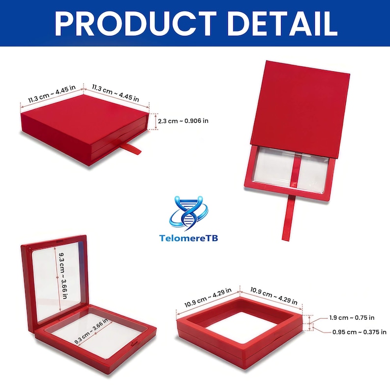 May include: A red square display box with a clear window and a pull tab. The box measures 4.45 inches by 4.45 inches by 0.906 inches. The interior display area is 3.66 inches by 3.66 inches. The frame depth is 0.75 inches with a 0.375 inch base.