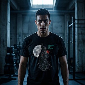 以下が含まれることがあります： 黒いTシャツ。侍の戦士と満月のグラフィック。テキスト「EARNED NOT GIVEN」は緑色で印刷されています。背景はジムです。