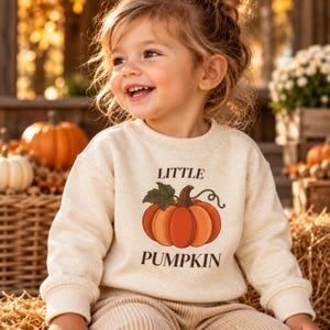 Puede incluir: Una sudadera de cuello redondo color crema con un gráfico de una calabaza naranja con hojas y enredaderas verdes. El texto "LITTLE PUMPKIN" está impreso en letras marrón oscuro encima y debajo de la ilustración de la calabaza en el frente.