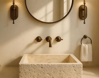 Handcrafted Natural Rustic Travertine Sink: RoughFace Bathroom Basin, Beige Marble Vanity Sink, Wash Bowl