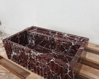 Custom Rosso Levanto Marble Sink - Fluted Front, Wall Mounted Red Marble, Luxury Bathroom Vanity