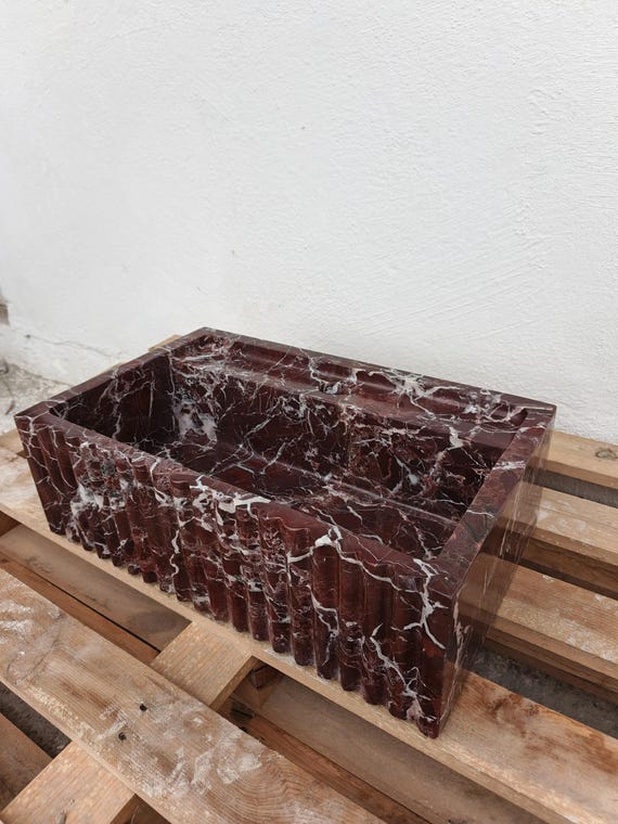 Custom Rosso Levanto Marble Sink - Fluted Front, Wall Mounted Red Marble, Luxury Bathroom Vanity