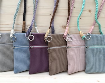 Handytasche aus Cord, mit Reißverschluss & Fronttasche, Crossbody Tasche mit Lanyard, Einheitsgröße Smartphone Bag, 6 Farben, Geschenk Idee