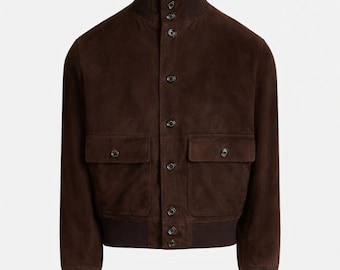 Dark Brown Suede Leather Bomber Jacket For Men ,Trucker Style