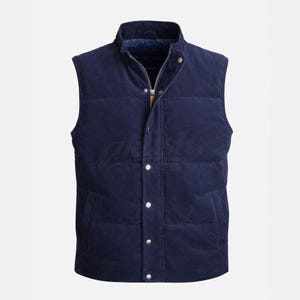 Marineblauw suède gewatteerd herenhemd | Mouwloze winterjas | Gewatteerd gilet | Cadeau voor hem