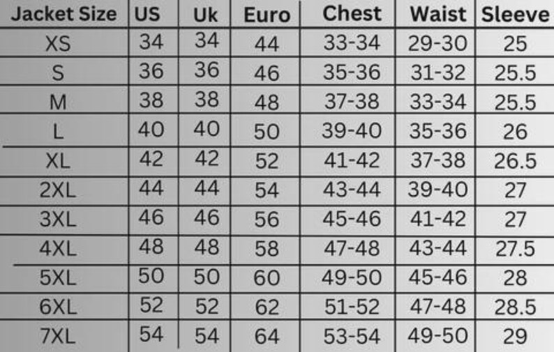 jacket size chart