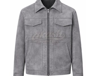 Men’s Grey Suede Leather Western Jacket – Zip Up Trucker Style Cowboy Coat