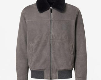 Men's Grey Suede Leather Bomber Jacket, Black Shearling Collar, Handmade Winter Coat