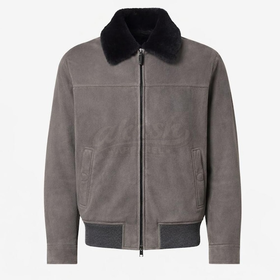 Men's Grey Suede Leather Bomber Jacket with Black Shearling Collar, Handmade Genuine Leather Winter Coat, Luxury Aviator Flight Jacket