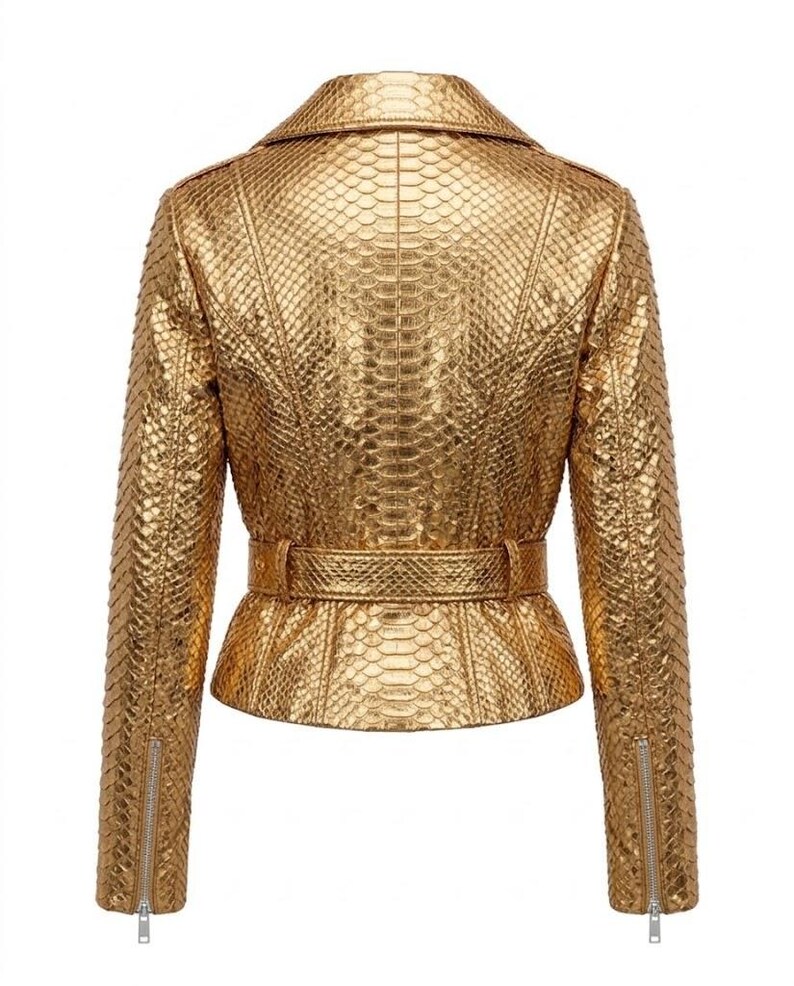 Goldfarbene Lederjacke mit Pythonmuster | Damen-Motorradjacke mit metallischem Schlangenprint | Handgefertigte Bikerjacke aus echtem Leder mit Gürtel Bild 4
