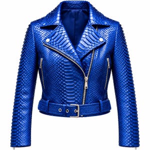 Handmade Blue Leather Biker Jacket Women, Python Snakeskin Embossed Moto Coat, Belted Crop Biker Jacket, Gothic Punk Streetwear Outerwear