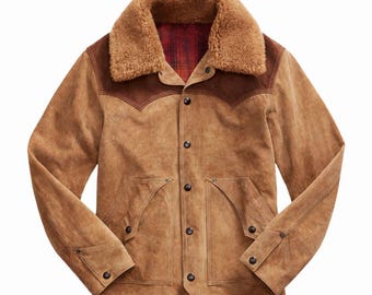 Western Style Brown Suede Leather Jacket with Fur Collar