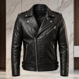 Veste de motard pour homme en cuir noir à motif serpent, véritable peau d'agneau.