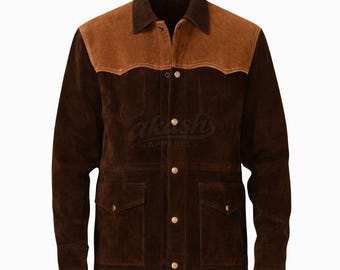 Brown Suede Leather Western Jacket For Men , Cowboy Style Coat