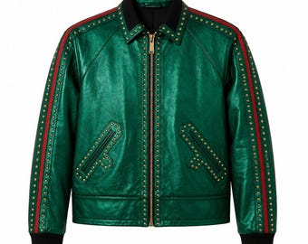 Chaqueta de cuero verde esmeralda con tachuelas / Abrigo bomber de motorista metalizado