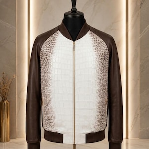 Men Crocodile Embossed Leather Bomber Jacket, Real Lambskin Brown Sleeves Varsity Jacket, Two Tone Exotic Python Pattern Leather Jacket Men