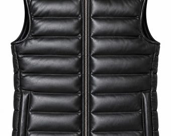 Schwarze Herren-Steppweste aus Leder | Gesteppte Motorradweste | Ärmellose Bikerjacke | Winterweste mit Reißverschluss | Gothic-Streetwear