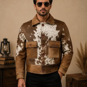 Men's Handmade Hair-On Cowhide Leather Western Trucker Jacket, Natural Pattern Ranch Coat