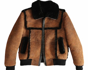 Black Fur Sheepskin Leather Shearling Bomber Jacket For Men